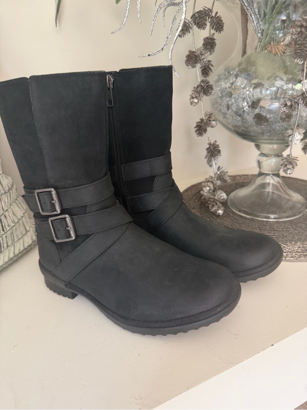 UGG Black Buckle Mid-Calf Leather Booties
